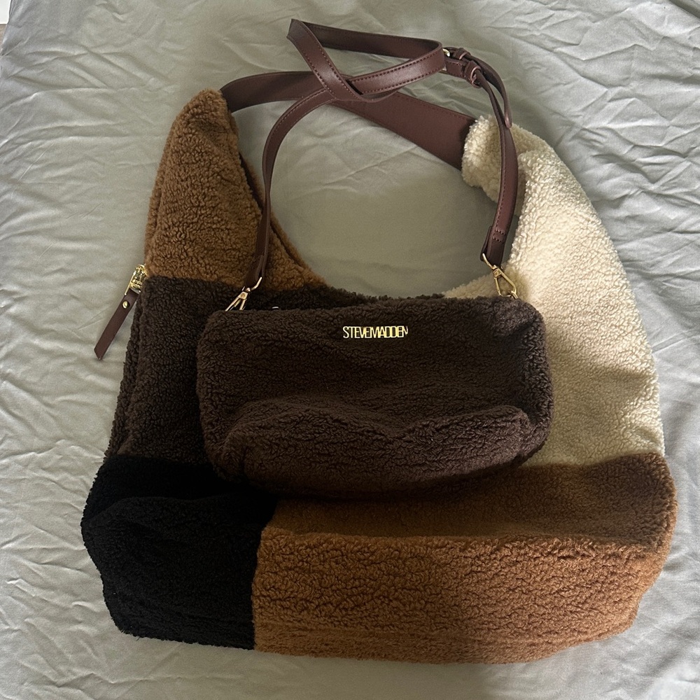 Steve Madden Colorblock Faux Shearling Shoulder Bag in Brown, Cream, Black
